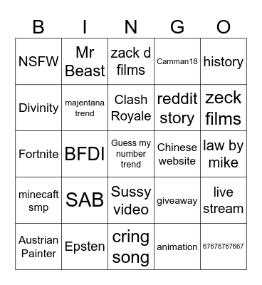 YT shorts Bingo Card