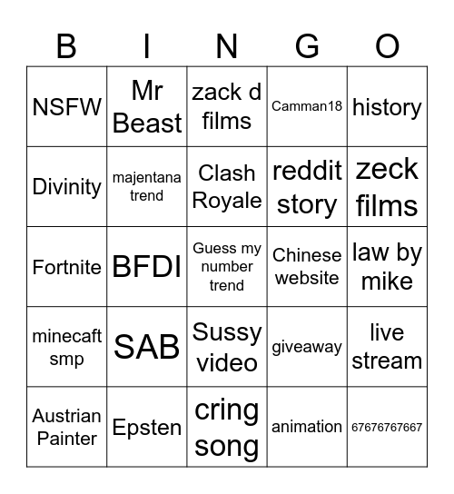 YT shorts Bingo Card