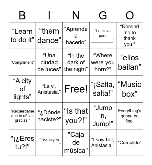 Spanish Anastasia Bingo Card