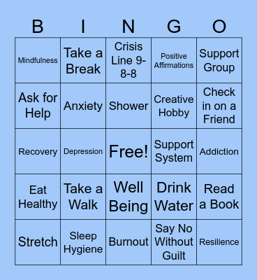 Mental Health Bingo Card