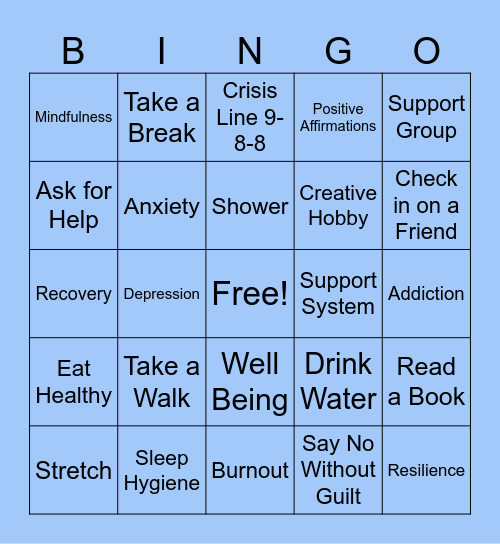 Mental Health Bingo Card