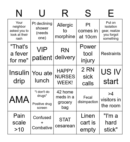 Nursing Bingo Card