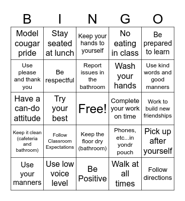 SBMS PBIS Bingo Card Bingo Card