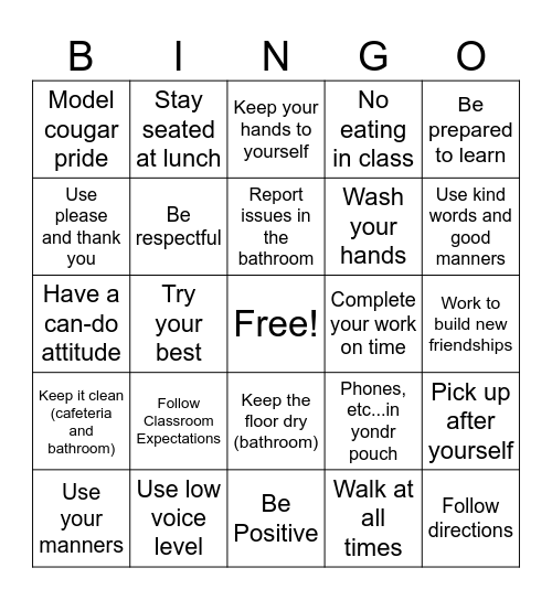 SBMS PBIS Bingo Card Bingo Card