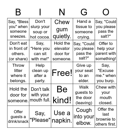 Manners Bingo Card