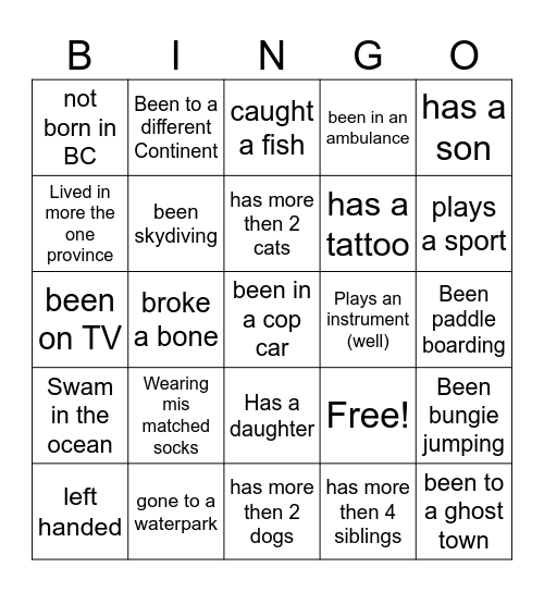 Bucket List Bingo Card