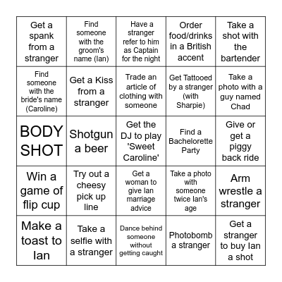 Ian's Bachelor Party Bingo Card