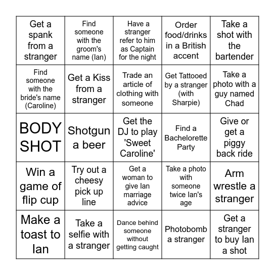 Ian's Bachelor Party Bingo Card