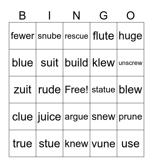 Long u Bingo Card