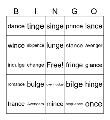 -nce, -nge, -lge Bingo Card
