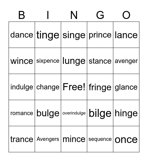 -nce, -nge, -lge Bingo Card