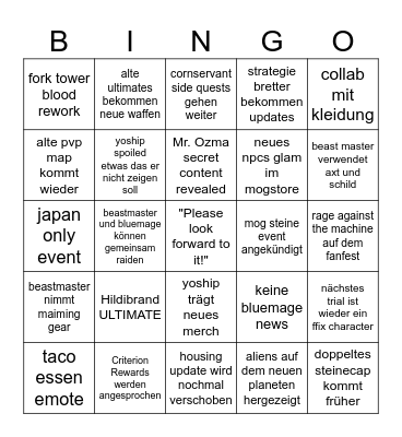 LIVE LETTER 91 Bingo Card