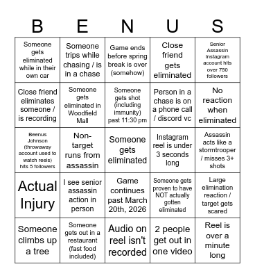Senior Assassin Bingo Card