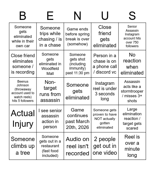 Senior Assassin Bingo Card