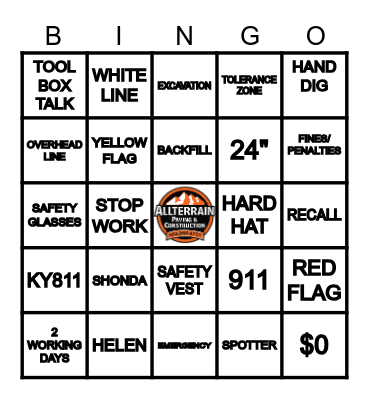 Construction Safety Bingo Card