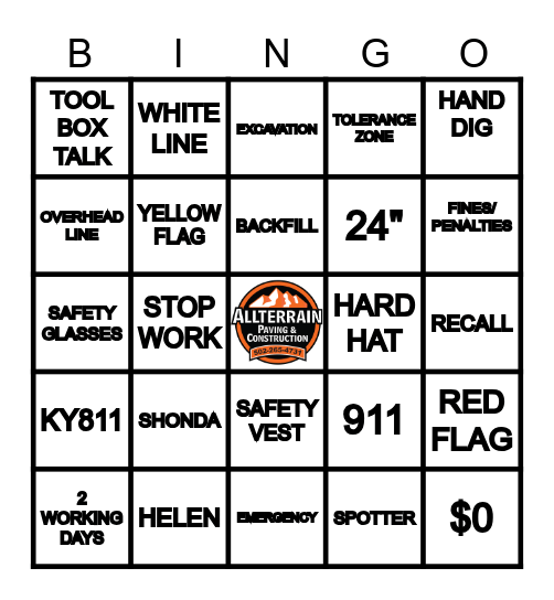 Construction Safety Bingo Card