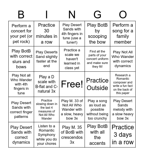 Spring Break Practice Bingo (Symph) Bingo Card