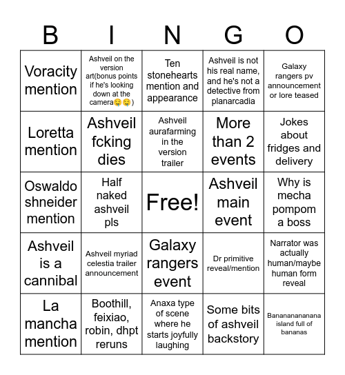 HSR 4.1 Live stream Bingo Card
