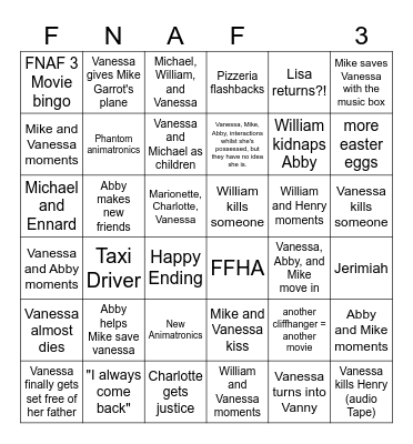 Five Nights At Freddy's 3 Bingo Card
