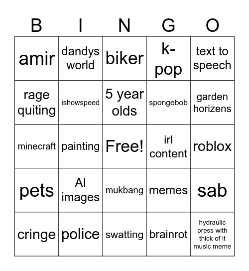 SHORTS BINGO Card