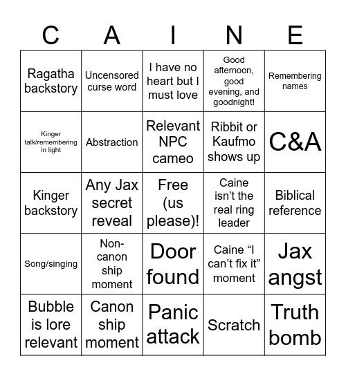 TADC Episode 8 Predictions Bingo Card