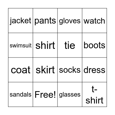 Different Types of Clothes Bingo Card