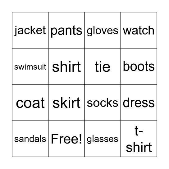 Different Types of Clothes Bingo Card