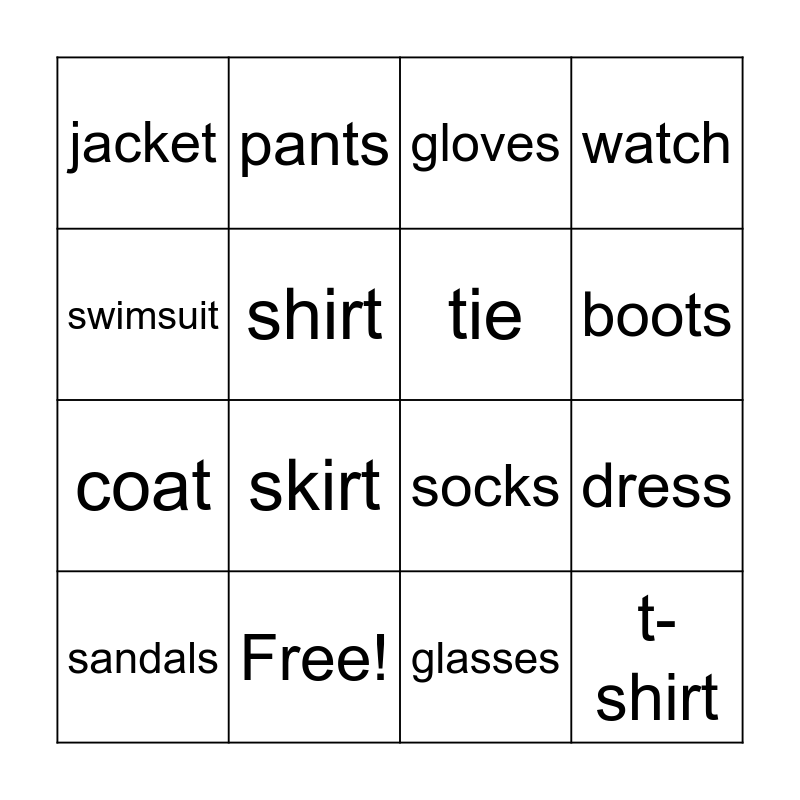 Different Types of Clothes Bingo Card