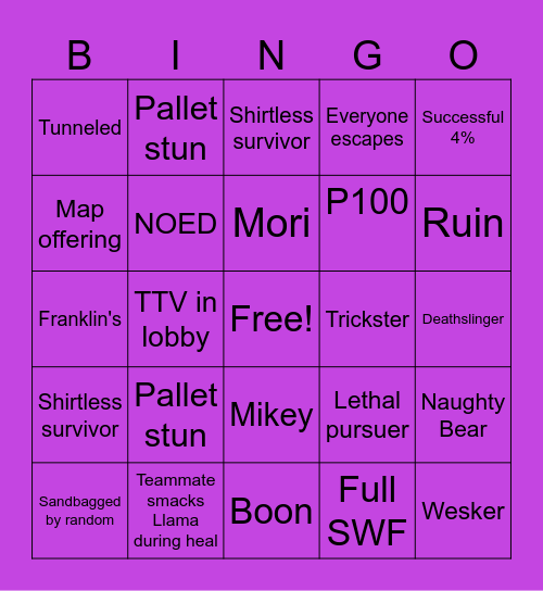 Dead By Daylight Bingo Card