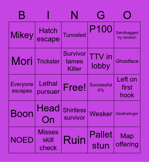 Dead By Daylight Bingo Card
