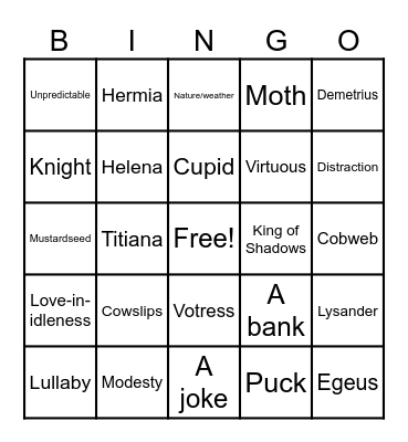 Midsummer Night's Dream Act IIA Bingo Card