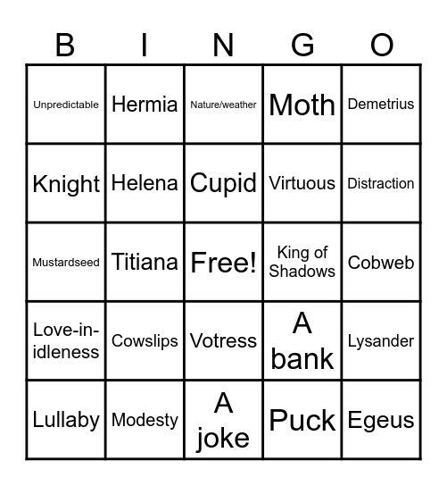 Midsummer Night's Dream Act IIA Bingo Card