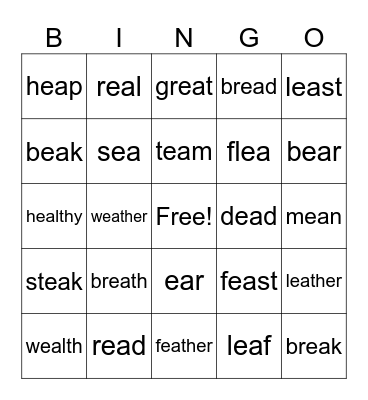 Vowel ea words Bingo Card