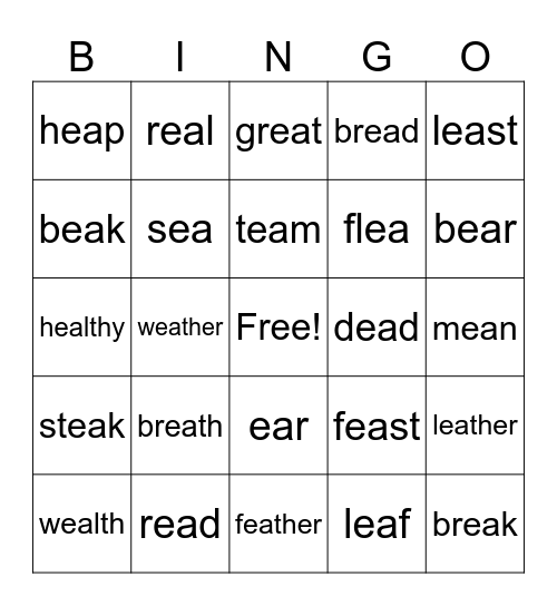 Vowel ea words Bingo Card