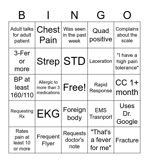 Urgent Care Bingo Card