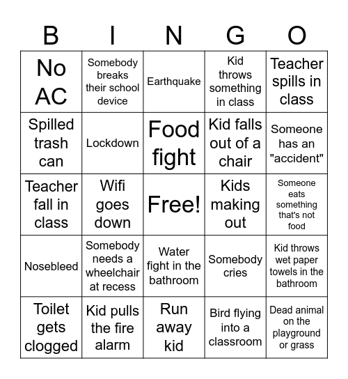 Elementary Friday the 13th Bingo Card