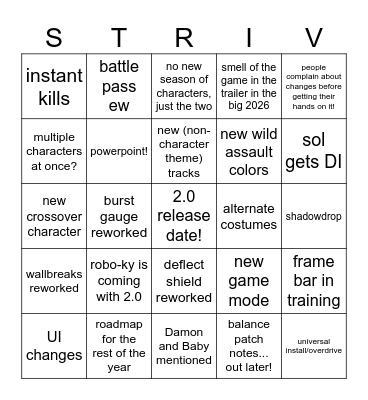 STRIVE 2.0 Bingo Card