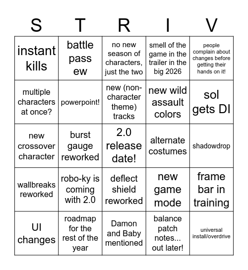 STRIVE 2.0 Bingo Card