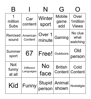 YT shorts bingo Card