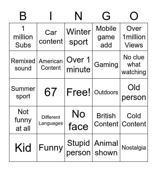 YT shorts bingo Card