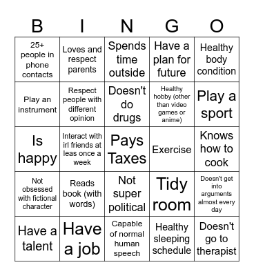 Normal Human Bingo Card