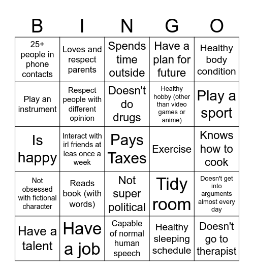 Normal Human Bingo Card