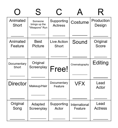 Oscars Bingo 2026 Bingo Card
