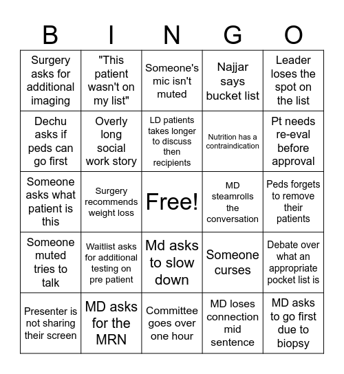 Selection Bingo Card