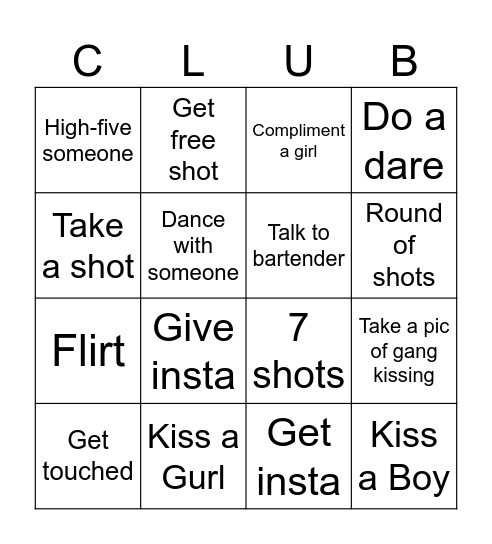 Gay Club Bingo Card