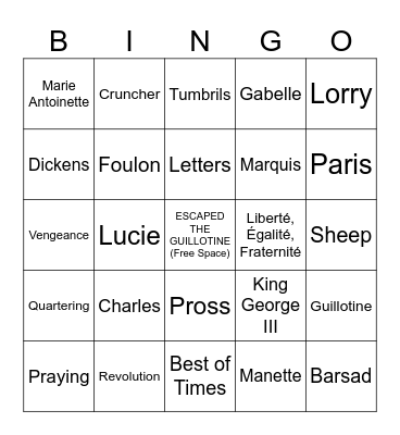 A Tale of Two Cities Bingo Card