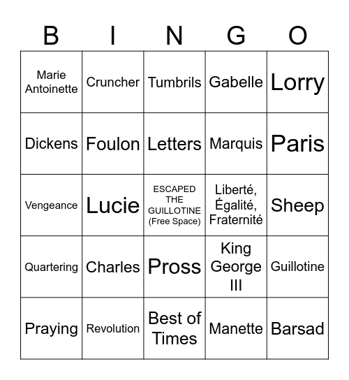 A Tale of Two Cities Bingo Card