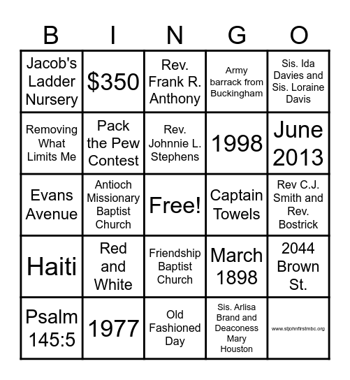 SJFMBC 128th Church Anniversary Bingo Card