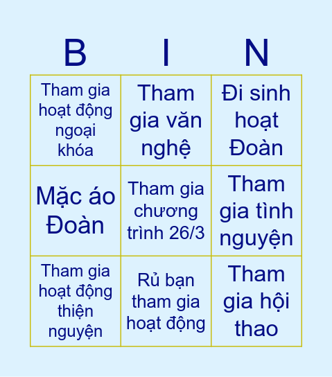 BINGO CHUẨN ĐOÀN VIÊN 26/3 Bingo Card
