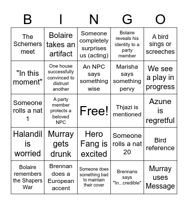 Campaign 4 Schemers Table Bingo Card